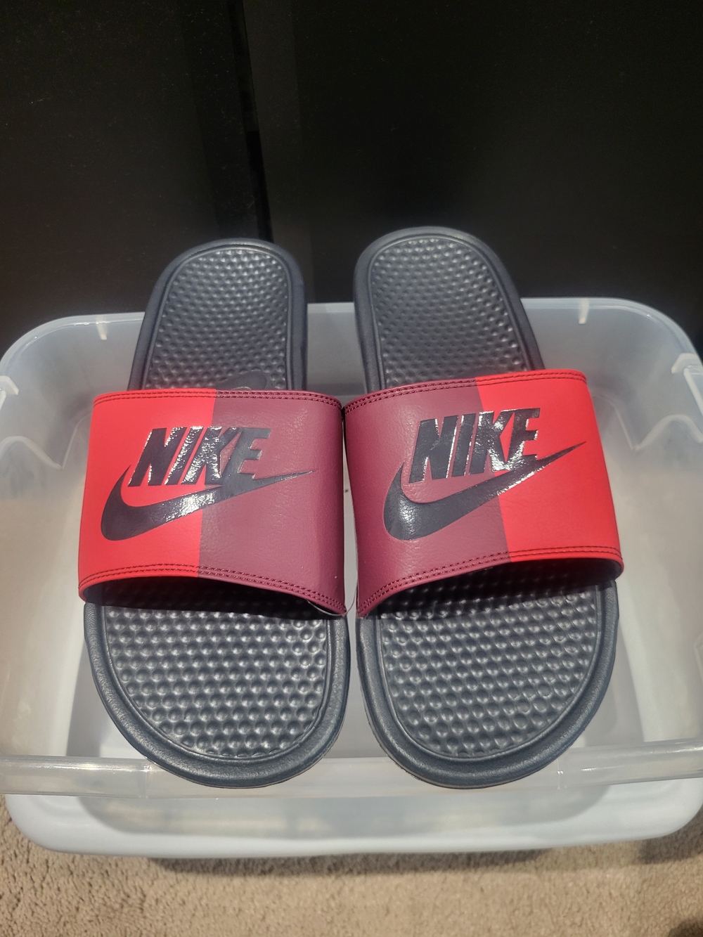 Men's Nike Benassi Jdi  Black Slide with Red Strap and Black Swoosh